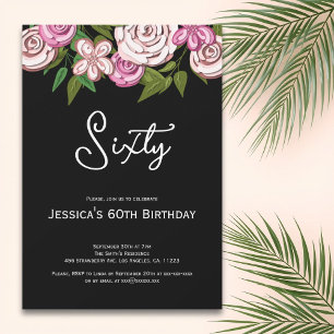 Elegant Black Pink Floral 60th Birthday Party Invitation