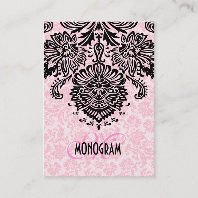 Elegant Black & Pink Floral Damasks Business Card (Front)