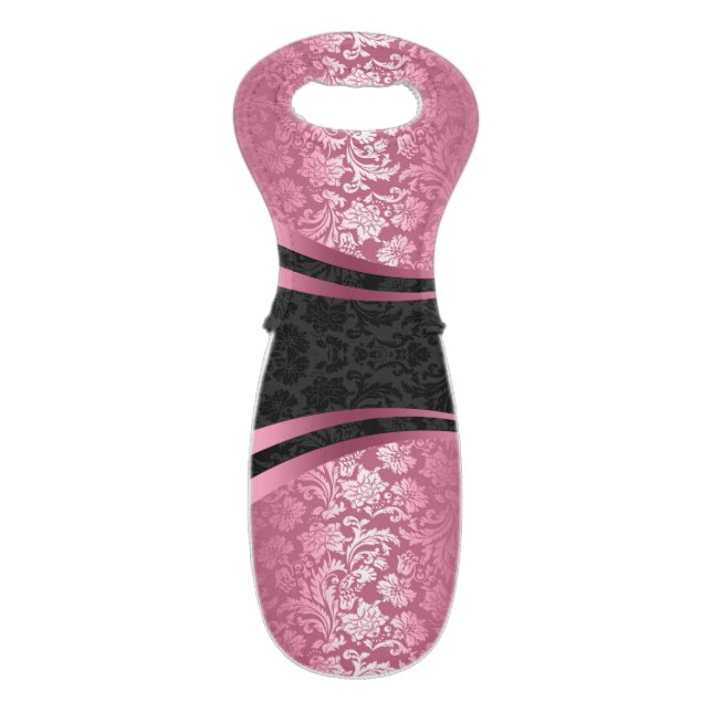Elegant Black & Pink Floral Damasks Pattern Wine Bag (Back Flat)