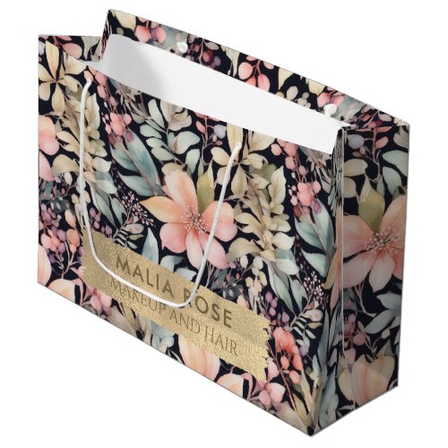 Elegant Black Pink Floral Watercolor Makeup Artist Large Gift Bag