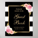 Elegant Black Pink Floral Wedding Guest Book Sign at Zazzle