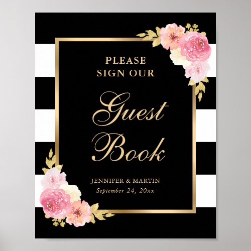 Elegant Black Pink Floral Wedding Guest Book Sign