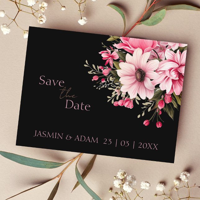 Elegant Black Pink Floral Wedding Save the Date Postcard (Creator Uploaded)