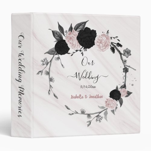 elegant black pink floral wreath marble album 3 ring binder