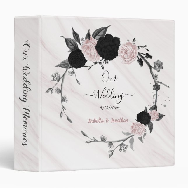 elegant black pink floral wreath marble album 3 ring binder (Front/Spine)