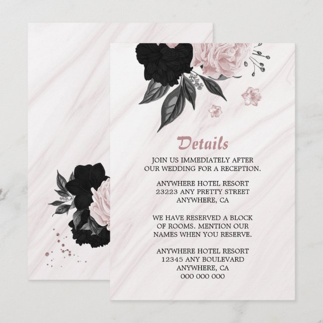 Elegant black pink flowers detail enclosure card (Front/Back)