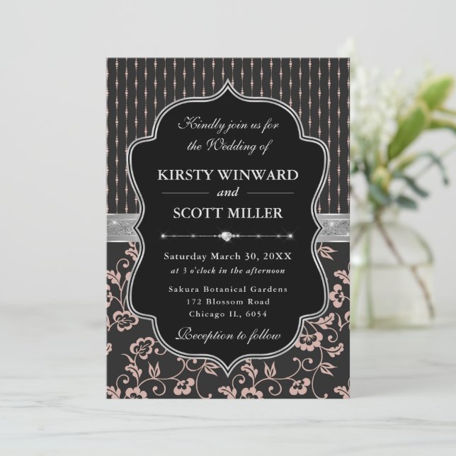 Elegant Black Pink Frame Floral Wedding Invitation (Standing Front)