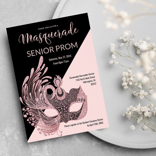 Elegant Black Pink Glitter Masquerade Prom Invitation