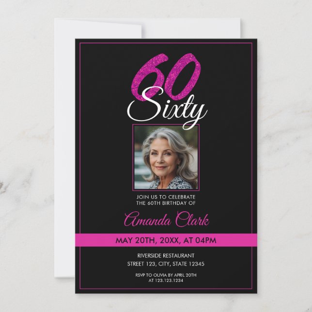 Elegant Black & Pink Glitter Photo 60th Birthday Invitation (Front)