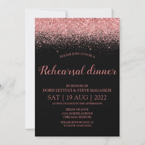 Elegant Black Pink Glitter Rehearsal Dinner Invitation