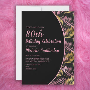 Elegant Black Pink Gold 80th Birthday Invitation