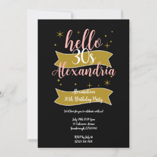 Elegant Black Pink Gold Hello 30s Birthday Party Invitation