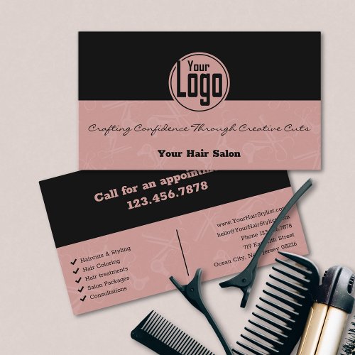 Elegant Black  Pink Hair Salon Custom Logo Business Card