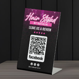 Elegant Black & Pink Hair Salon Facebook Review Pedestal Sign
