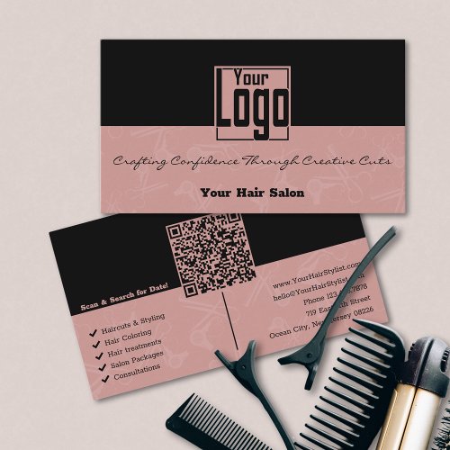 Elegant Black  Pink Hair Salon Logo QR Code Business Card