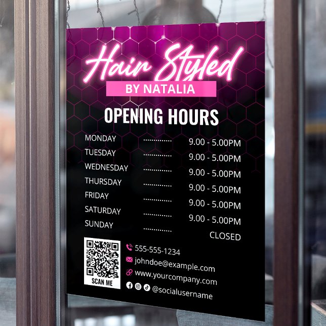 Elegant Black & Pink Hair Salon Opening Hours Window Cling (Creator Uploaded)