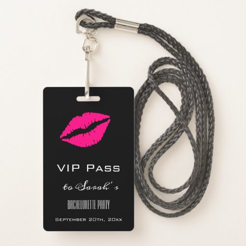 Elegant Black Pink Kiss Bachelorette Party Access Badge