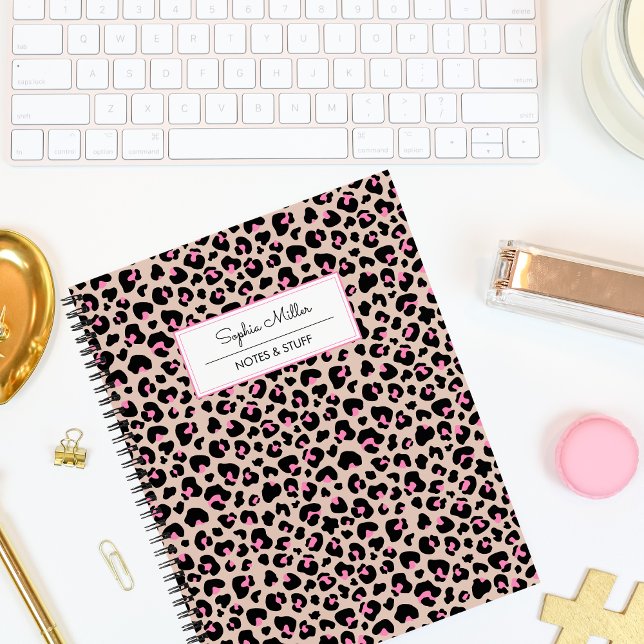 Elegant Black Pink Leopard Skin Pattern Monogram  Notebook (Creator Uploaded)