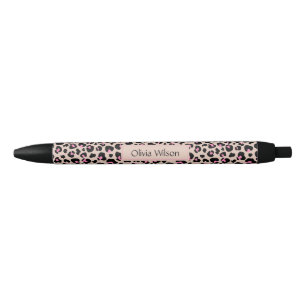 Elegant Black Pink Leopard Skin Pattern Monogram Pen