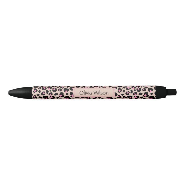 Elegant Black Pink Leopard Skin Pattern Monogram  Pen (Front)