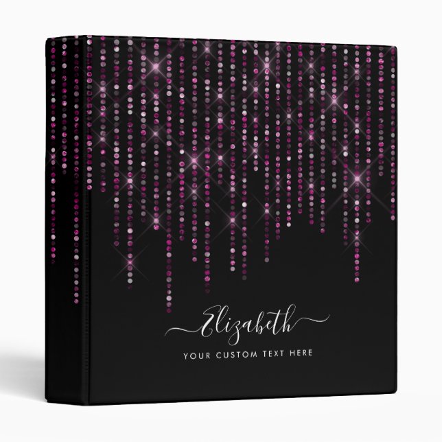 Elegant Black Pink Magenta Glitter Sparkle Rain 3 Ring Binder (Front/Spine)