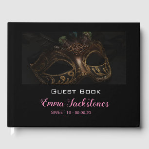 Elegant Black & Pink Mask Masquerade Sweet 16 Guest Book