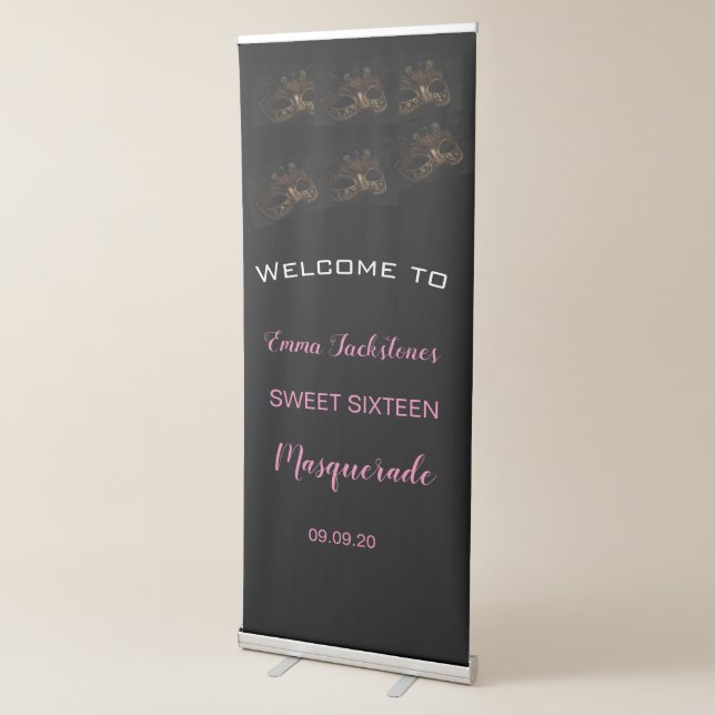 Elegant Black & Pink Masquerade Birthday Welcome   Retractable Banner (3/4)