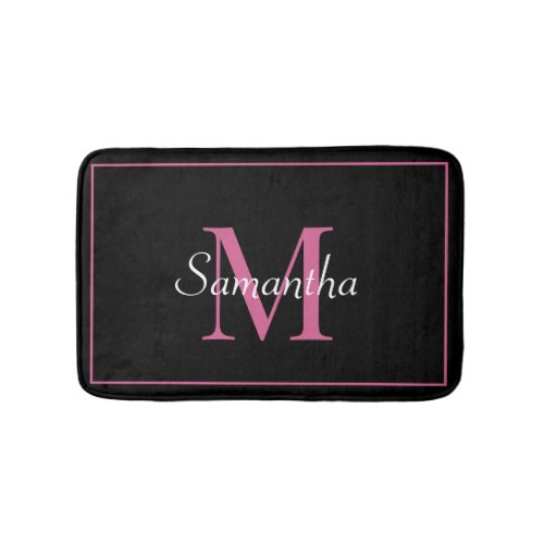 Elegant Black Pink Modern Monogrammed  Bath Mat