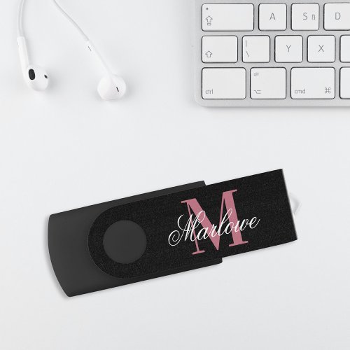 Elegant Black Pink Monogram Calligraphy Flash Drive