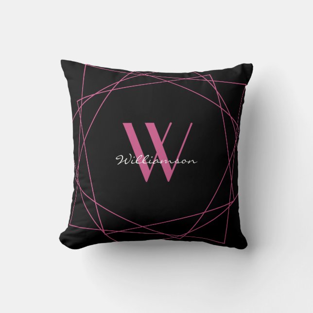 Elegant Black Pink Monogram Geometric Name Script Throw Pillow (Front)