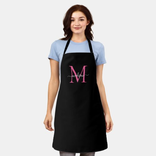 Elegant Black Pink  Monogram Girly Feminine Script Apron