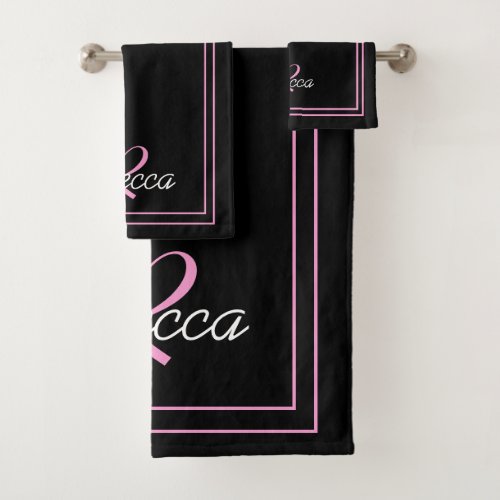 Elegant Black Pink Monogram Initial Name Striped  Bath Towel Set
