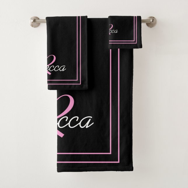 Elegant Black Pink Monogram Initial Name Striped  Bath Towel Set (Insitu)