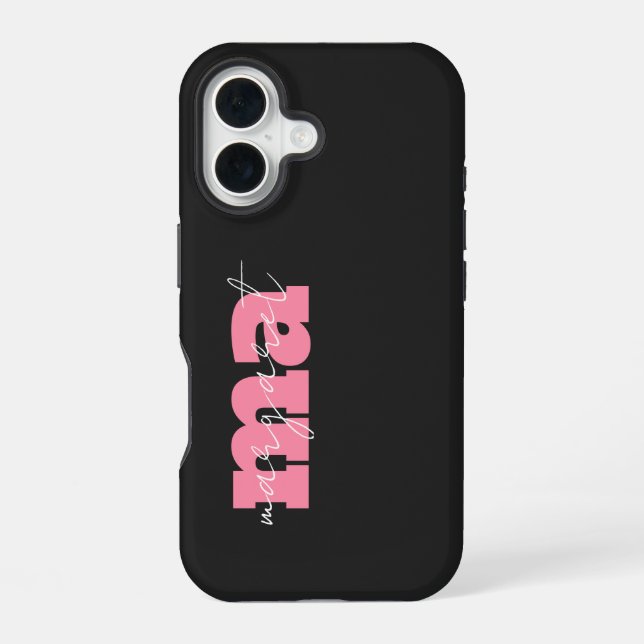 Elegant Black pink monogram initial script name Iphone Case (Back)