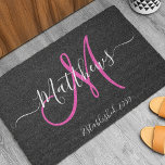 Elegant Black Pink Monogram Script Family Name Doormat<br><div class="desc">DIY Personalized black and white and pink monogram design with bride and groom last name and wedding date on a black background. Makes a unique and great gift for newlyweds starting a new family. Great for new house together. Customize with your name, monogram initial and wedding date and colors. Elke...</div>