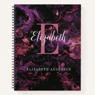 Elegant Black Pink Monogram Script Marble Notebook
