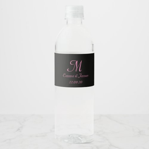 Elegant Black  Pink Monogram Wedding  Water Bottle Label