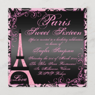 Elegant Black & Pink Paris Sweet16 Birthday Invite
