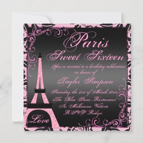 Elegant Black  Pink Paris Sweet16 Birthday Invite