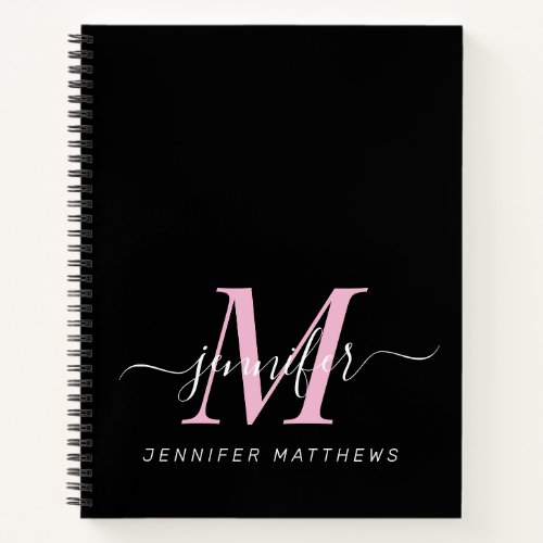 Elegant Black Pink Personalized Monogram Name Notebook