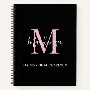 Elegant Black Pink Personalized Monogram Name Notebook