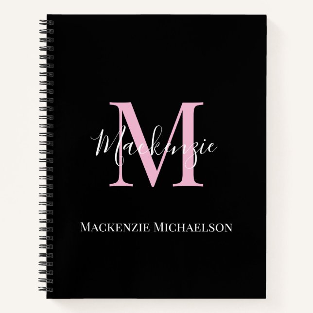 Elegant Black Pink Personalized Monogram Name Notebook (Front)
