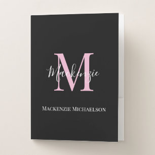 Elegant Black Pink Personalized Monogram Name  Pocket Folder