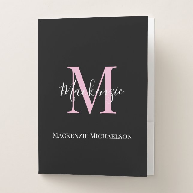 Elegant Black Pink Personalized Monogram Name  Pocket Folder (Front)