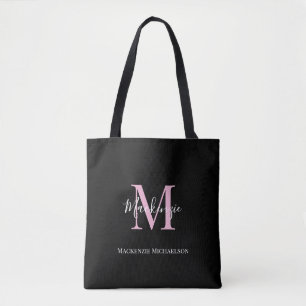 Elegant Black Pink Personalized Monogram Name   Tote Bag