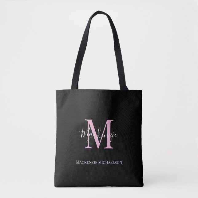 Elegant Black Pink Personalized Monogram Name   Tote Bag (Front)