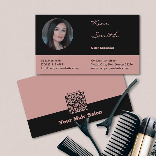 Elegant Black  Pink QR Code Hair Stylist  Business Card