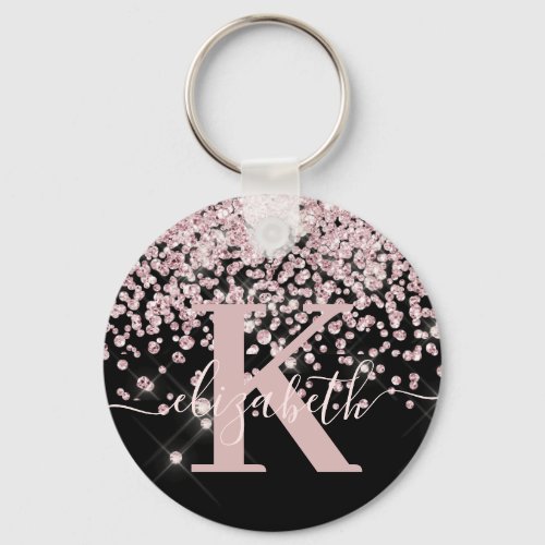Elegant Black Pink Rose Gold Glitter Monogrammed Keychain