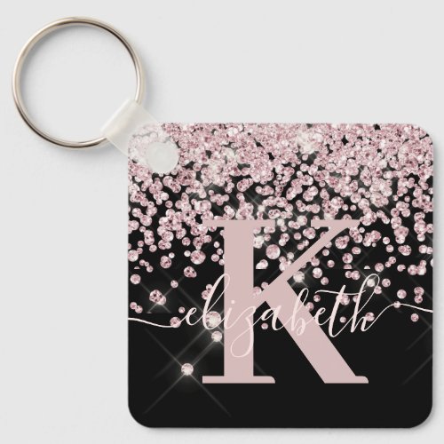 Elegant Black Pink Rose Gold Glitter Monogrammed Keychain
