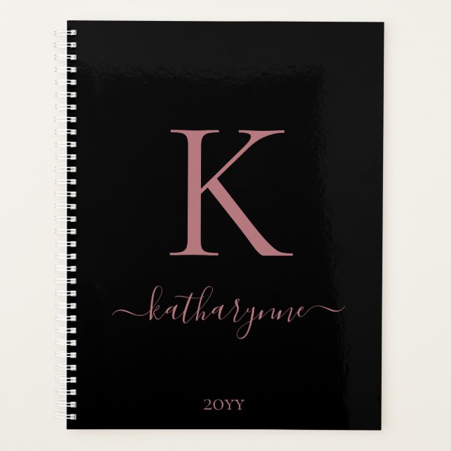 Elegant Black Pink Rose Gold Monogram Name Planner (Front)